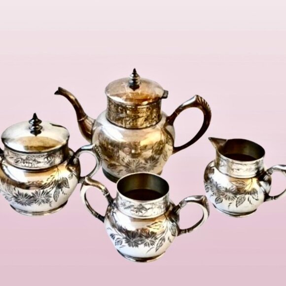Antique C Rogers & Bros Tea Coffee Set Sugar & Creamer 4 Pieces Silverplate - Picture 14 of 16